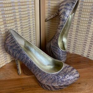 Nine West Mendoza Woman’s 7 Glittery Multicolored Zebra Print Platform Heels